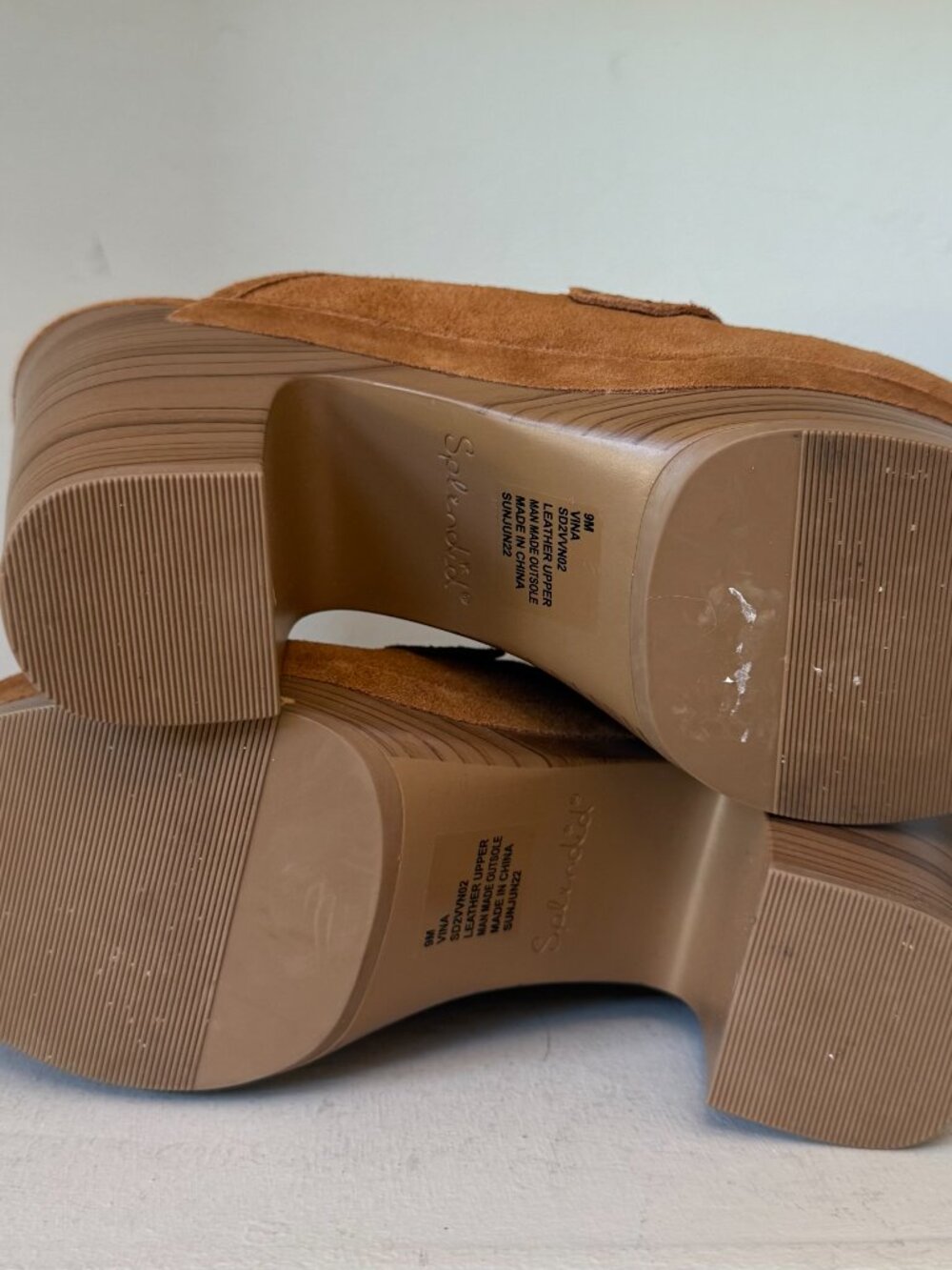 New Splendid Vina Caramel Tan Suede Wood Look Block Heel Platform Mule Clogs 9 - Picture 7 of 11